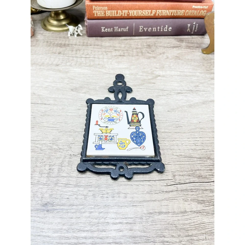 Vintage Cast Iron Ceramic Tile Trivet Japan Folk Art Scandinavian Kitchen Decor